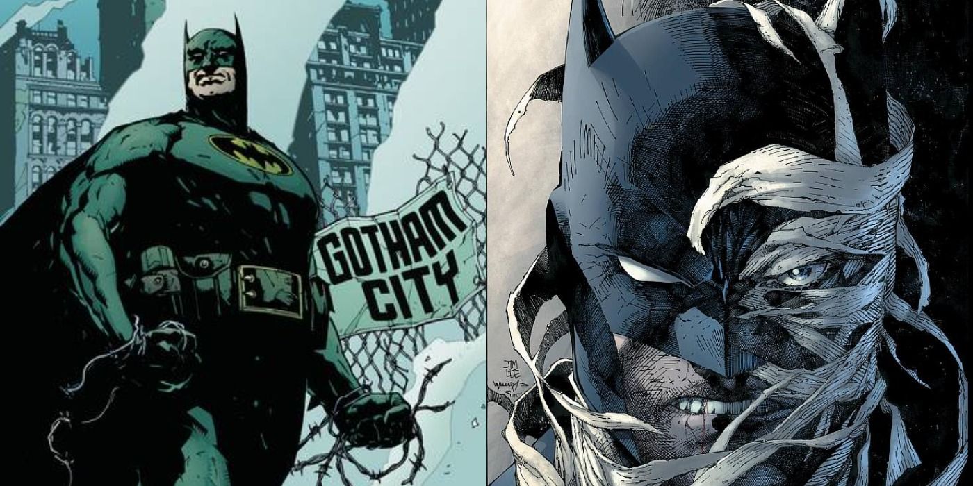 Split image of Batman in Gotham's rubble for No Man's Land and his face split with Hush