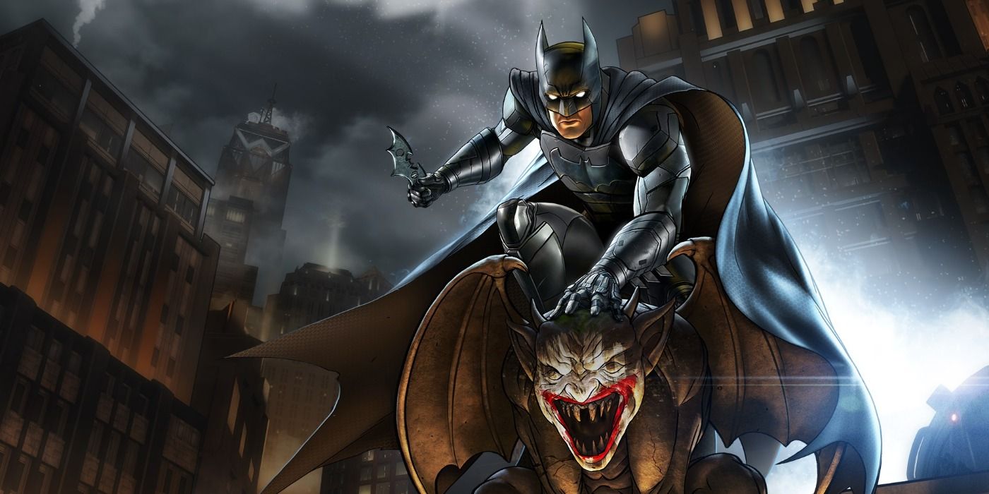 Batman perched on a Joker-painted gargoyle, holding a batarang, ready to strike.