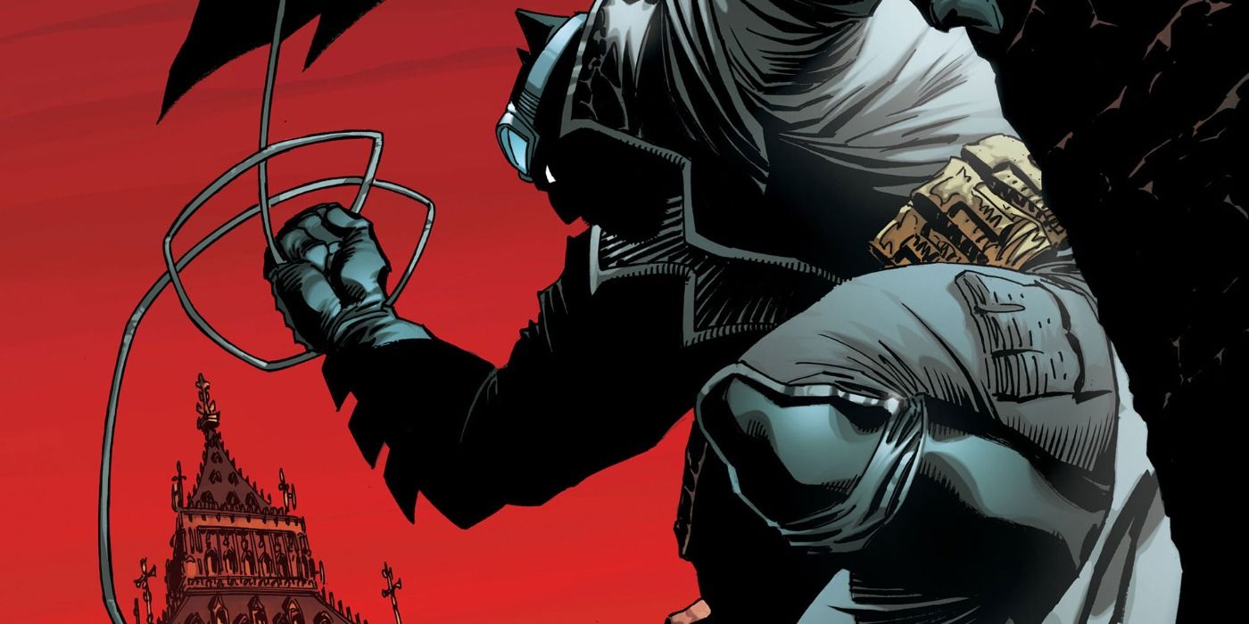 Batman perched on the side of a building in London on The Detective cover art