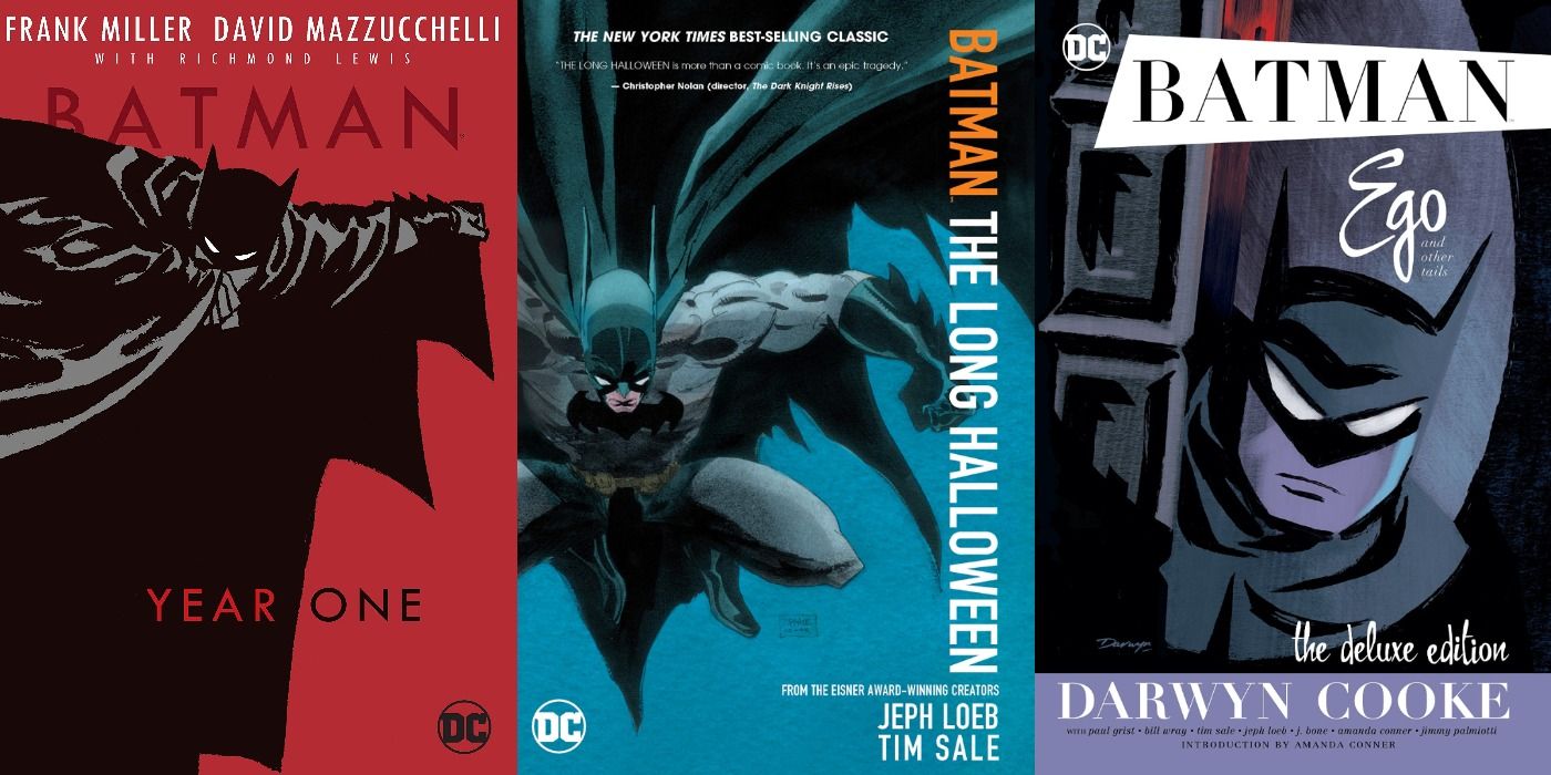 Split image of Batman: Year One, The Long Halloween, and Ego cover arts