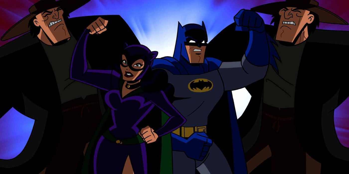 Batman and Catwoman beat up crooks in Batman the Brave and the Bold
