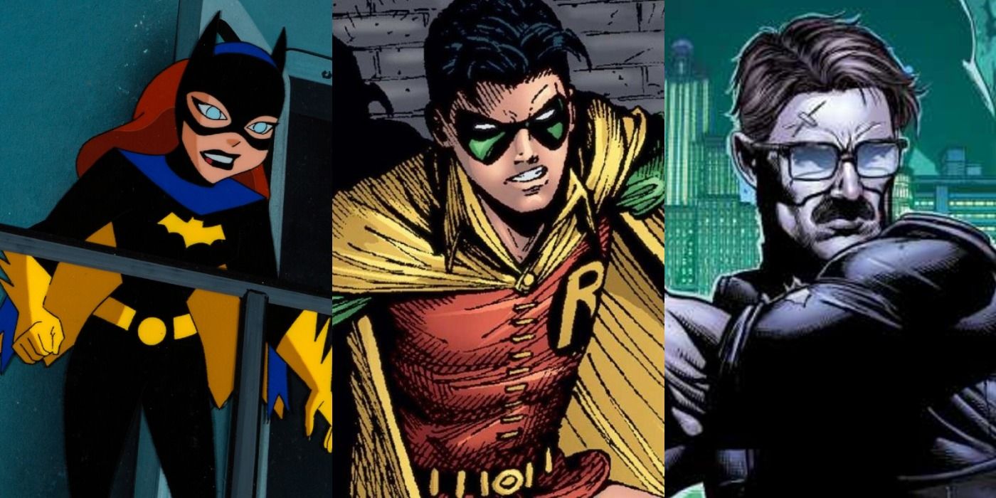 Split images of Batgirl, Robin, and James Gordon in Batman comics