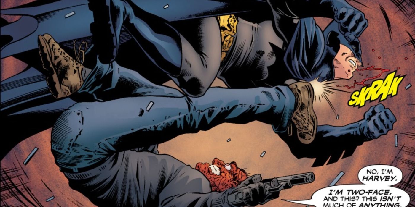 Batman fights Two-Face in DC Comics.