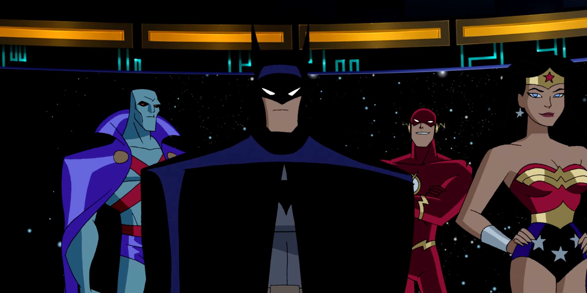 Batman on The Justice League animated series Wonder Woman, Flash, and Martian Manhunter
