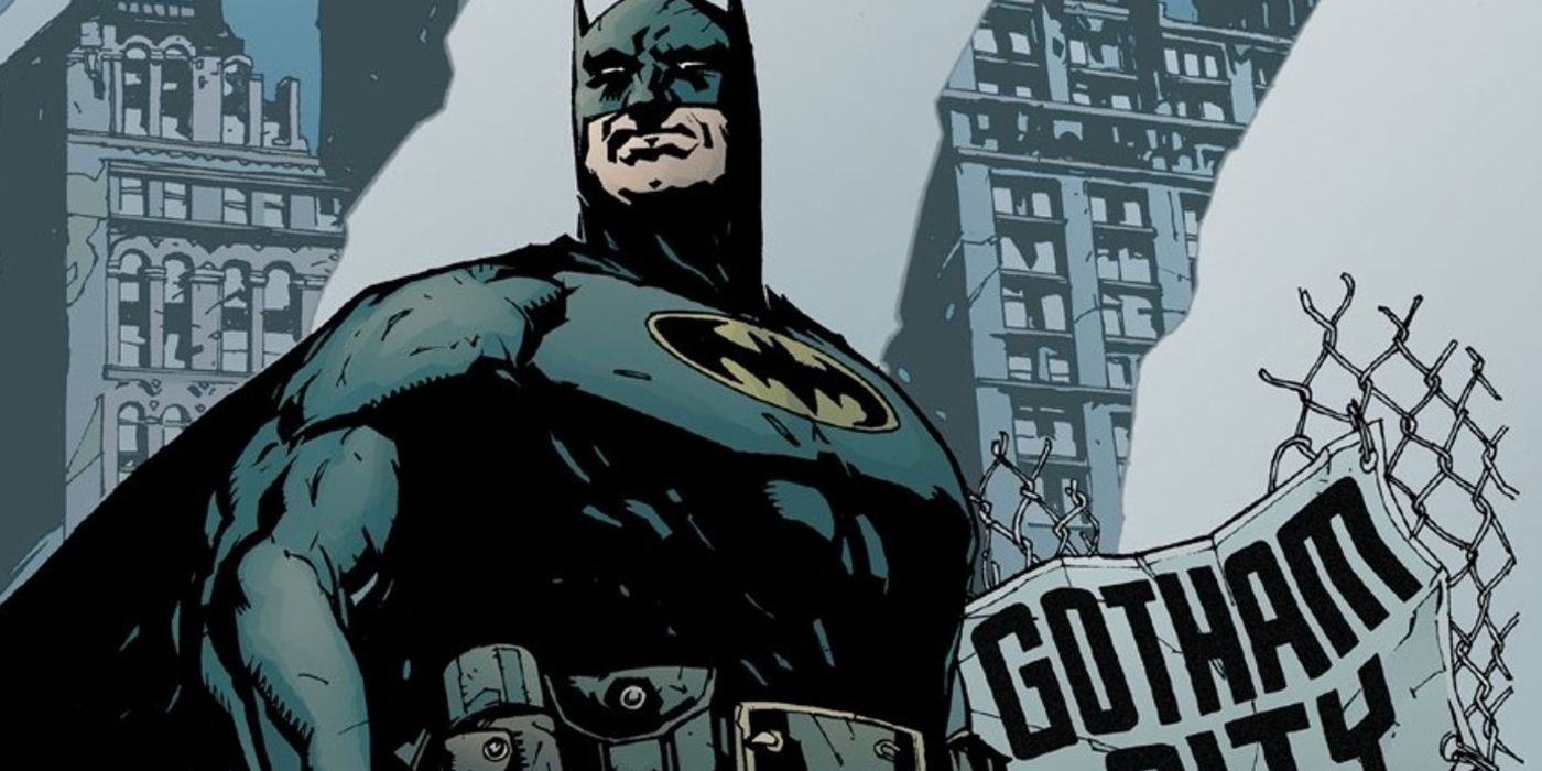 Batman parado em uma Gotham City destruída na Terra de Ninguém.