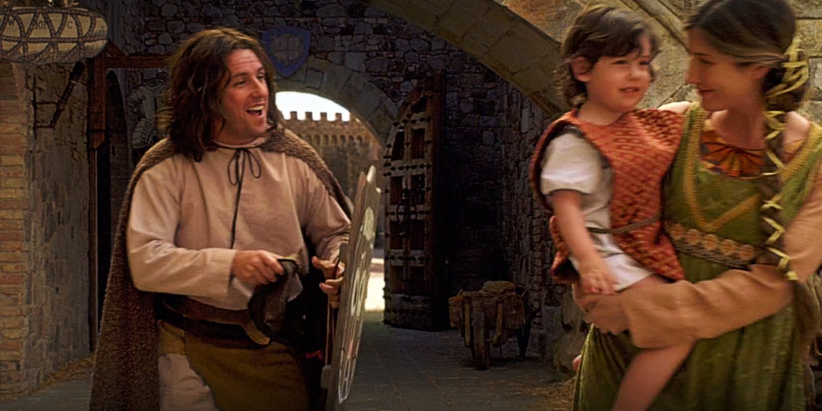 Adam Sandler in medieval costume smiling at Jackie and Sadie Sandler in Bedtime Stories