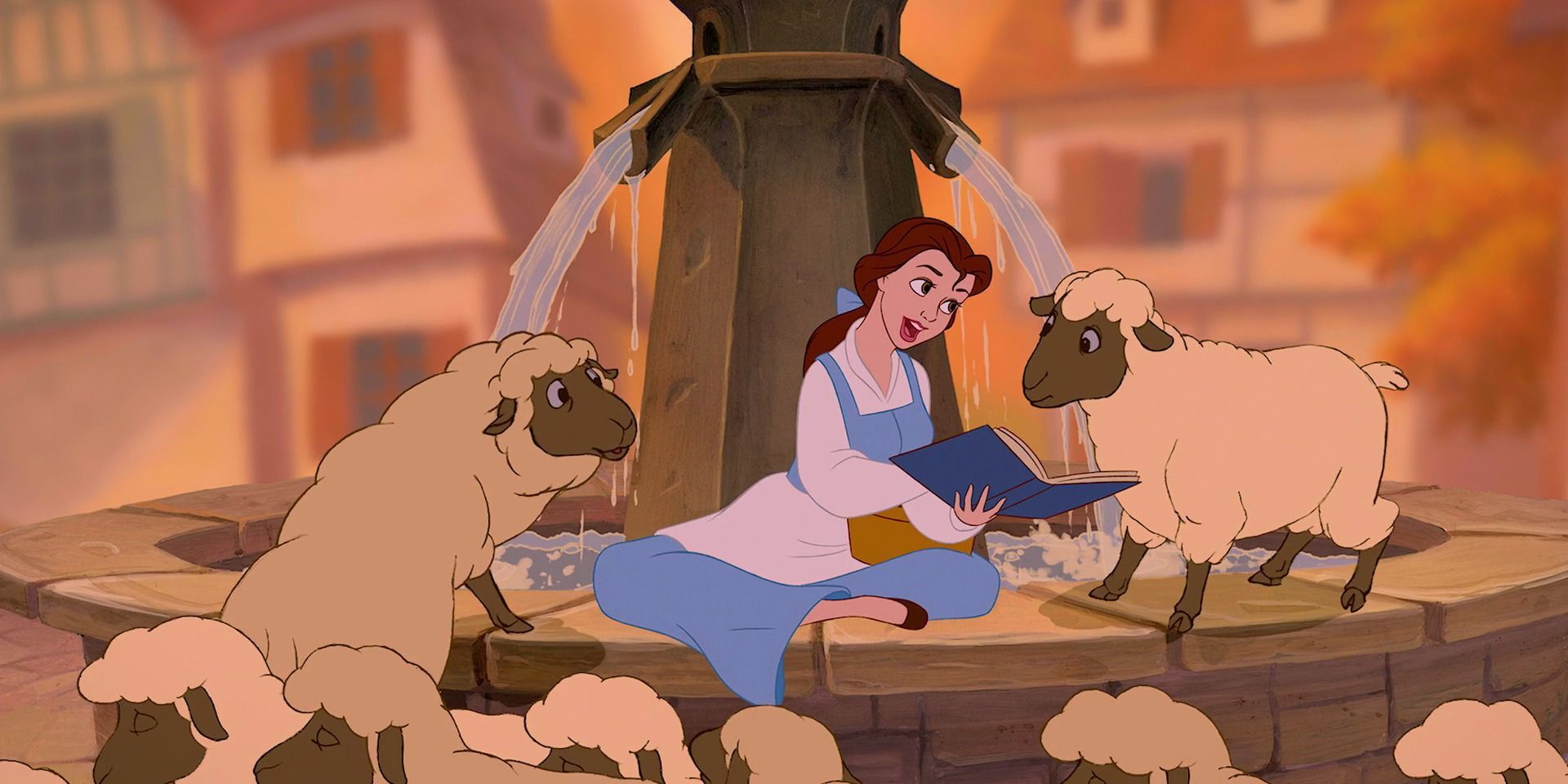 Belle reading and singing in Beauty and the beast (1991) reading a book to sheep (animation)