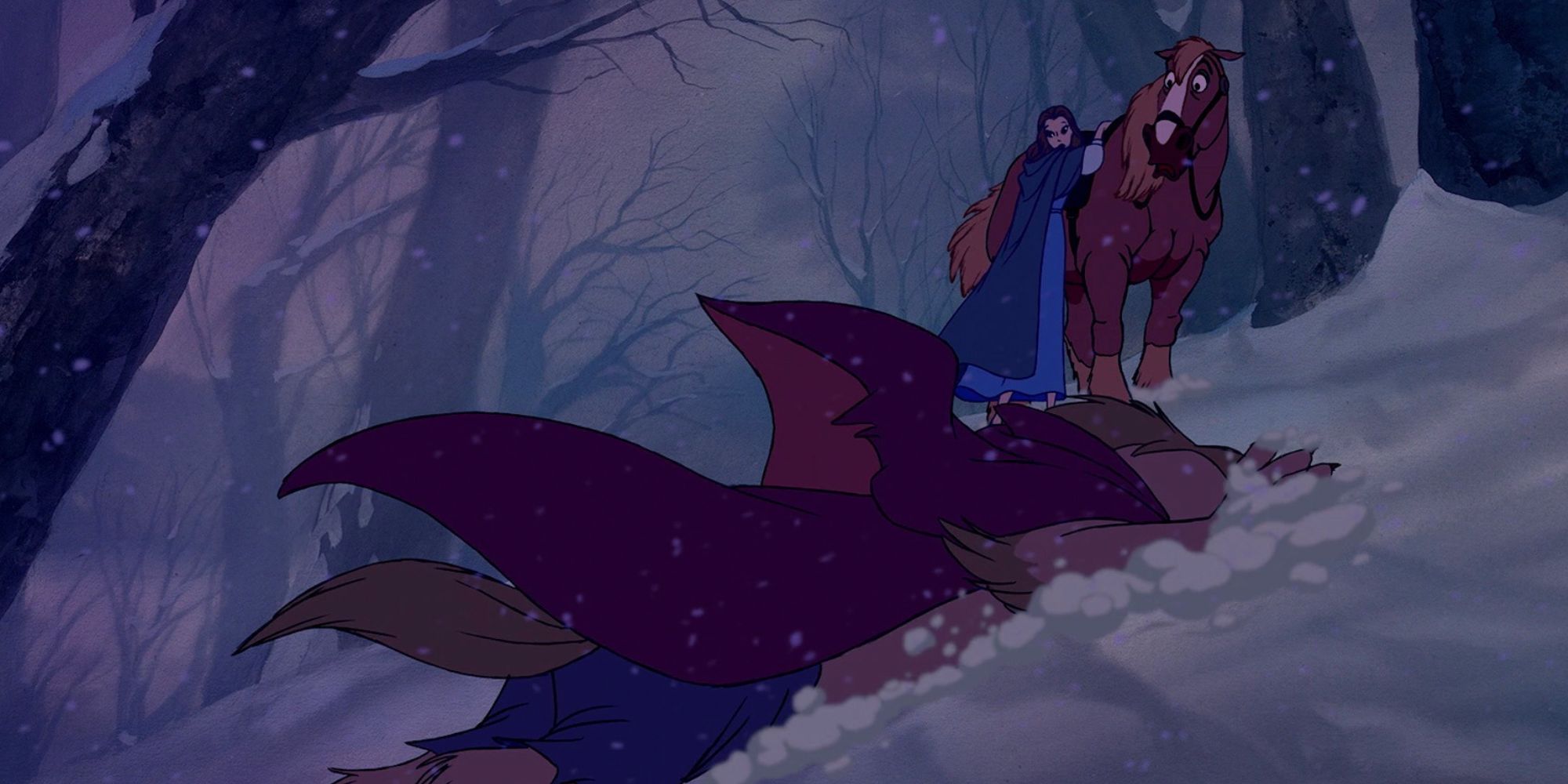 Belle sees the Beast in the snow in Beauty and the Beast