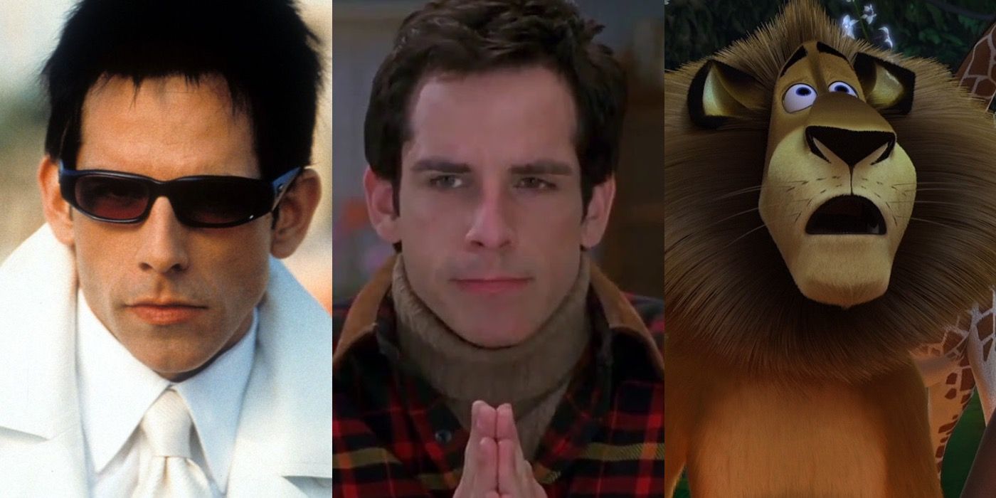 Ben Stiller as Zoolander, Greg from Meet The Parents and Alex from Madagascar in a split image