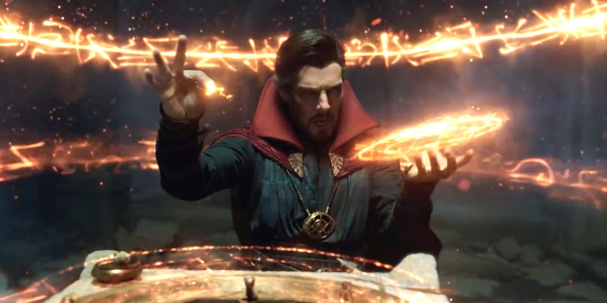Benedict Cumberbatch as Doctor Strange perming magic in Spider-Man No Way Home