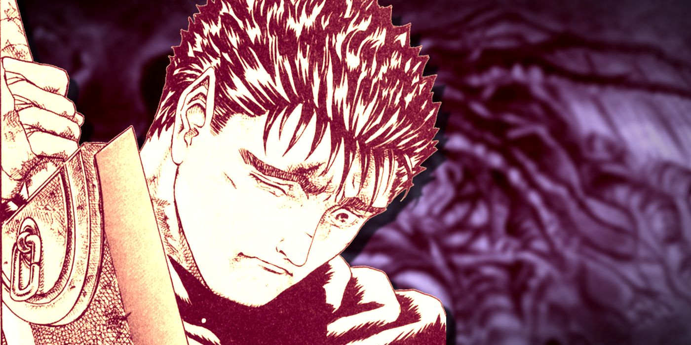 Berserk's Guts is crying over a blurred picture of the series' first page depicting a horrific demon.