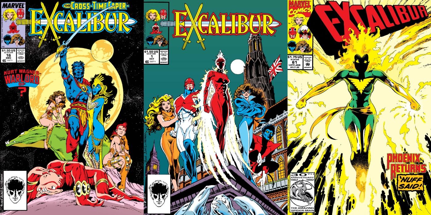 Split image of comic covers of Excalibur 16, 1, and 61.