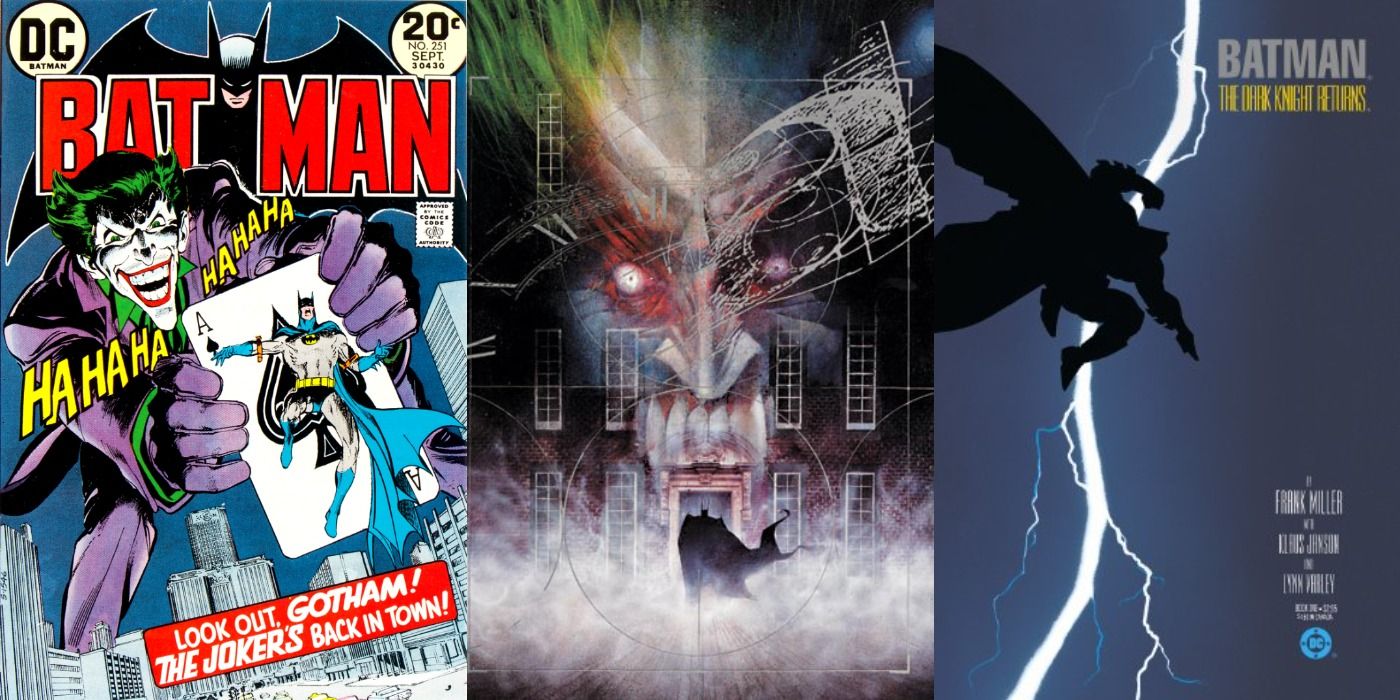 Split image of comic covers of Batman 251, Arkham Asylum, and The Dark Knight Returns.