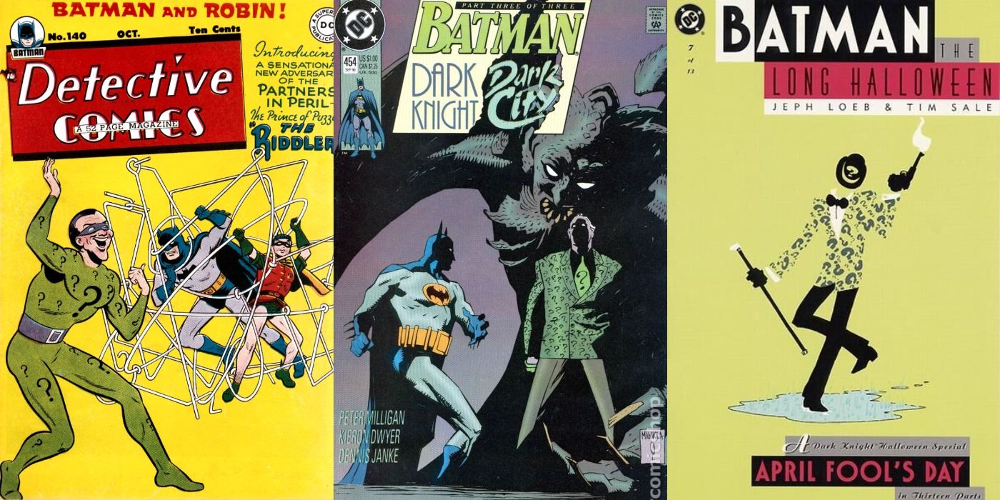 Split image of comic covers of Detective Comics 140, Batman 454, and The Long Halloween 7.