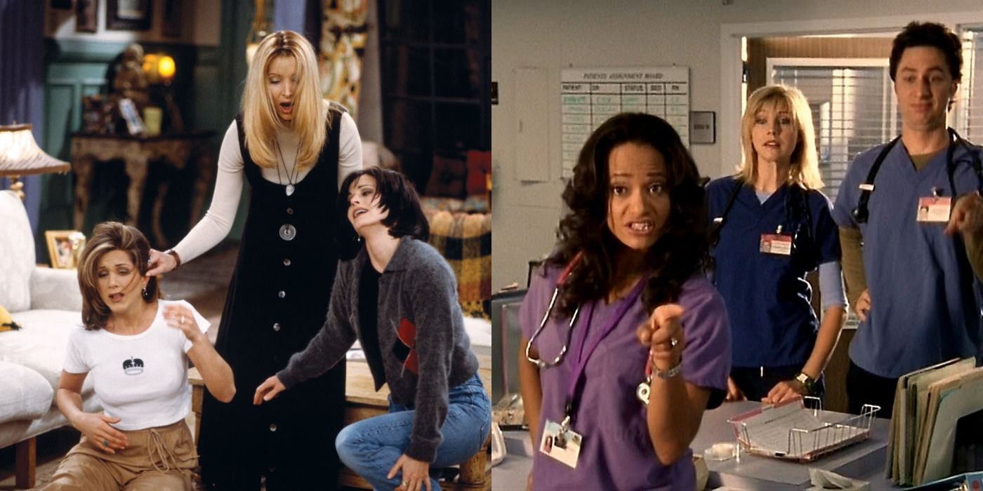 A split image with Phoebe from friends holding both Rachel and Monica by the ear, and Carla from Scrubs holding up her finger sassily with JD imitating her from behind.