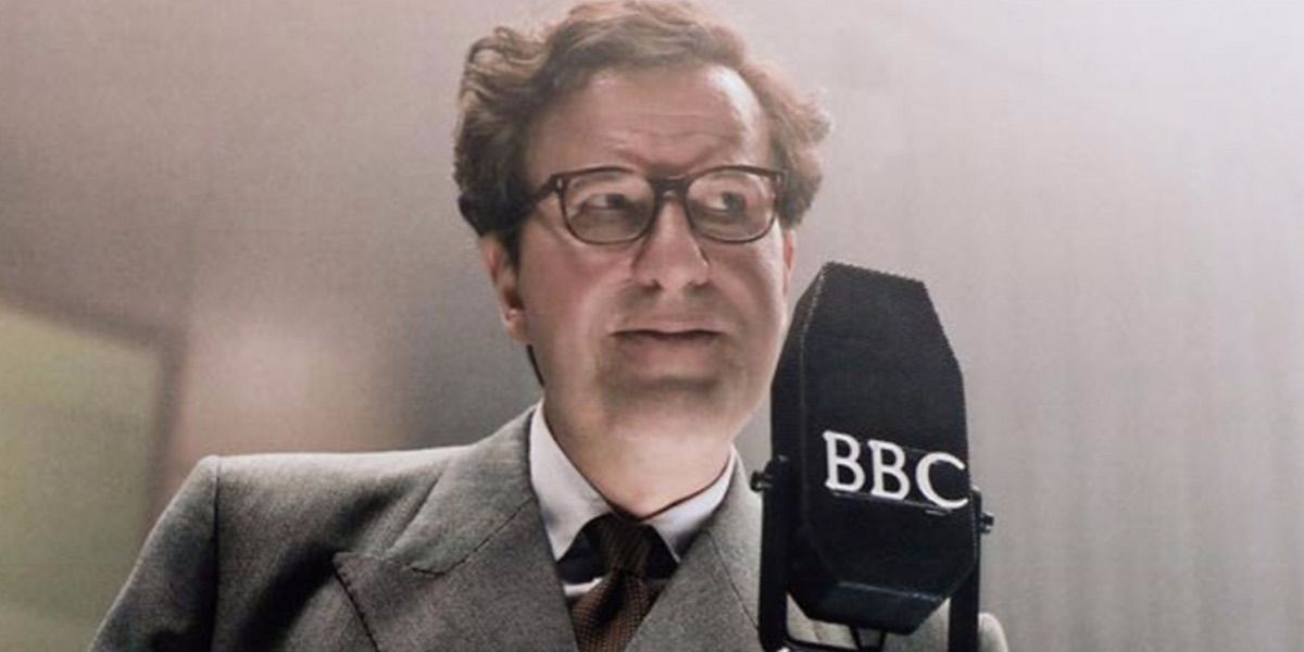 Peter Sellers steps up to a microphone from The Life and Death of Peter Sellers 