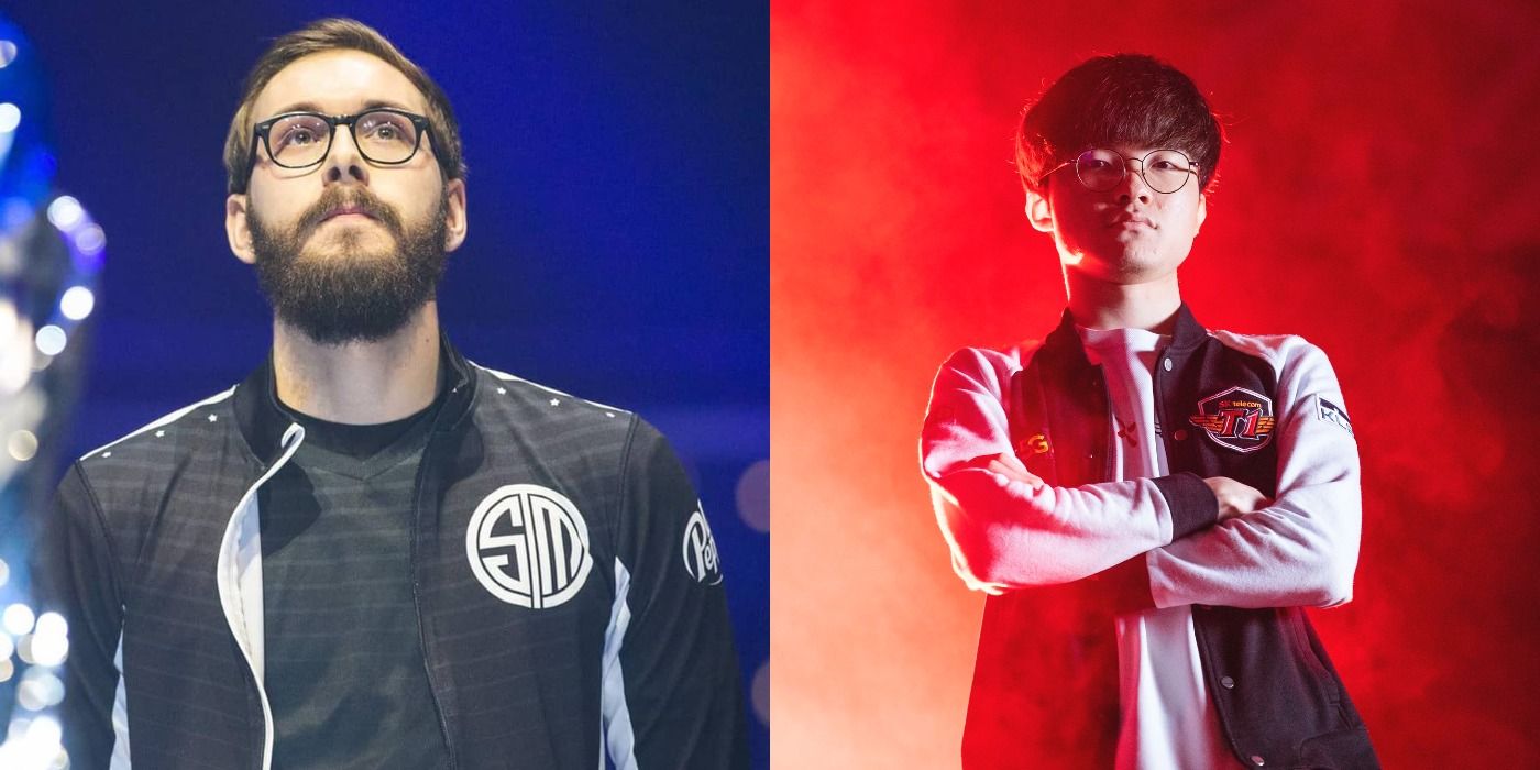 Bjergsen and Faker pro gamers in two side by side images.