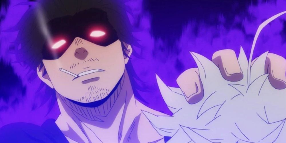 Yami smokes with glowing red eyes in Black Clover