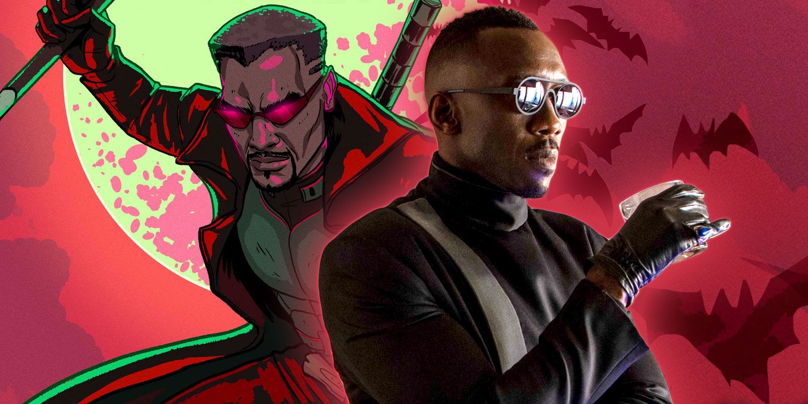 Montage of Mahershala Ali and Blade from an Avengers comic book cover.