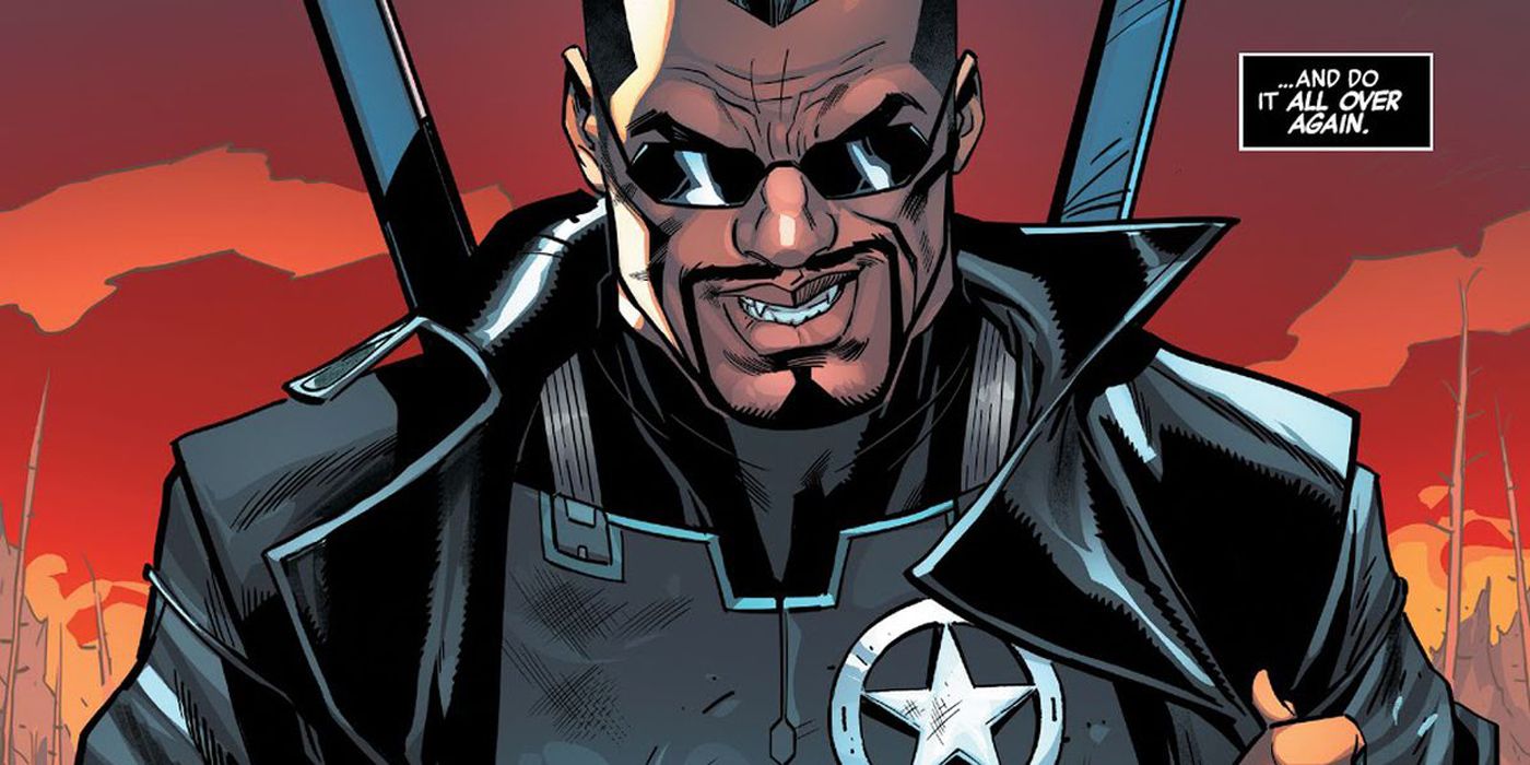 Blade usando um distintivo de xerife nos quadrinhos dos Vingadores.