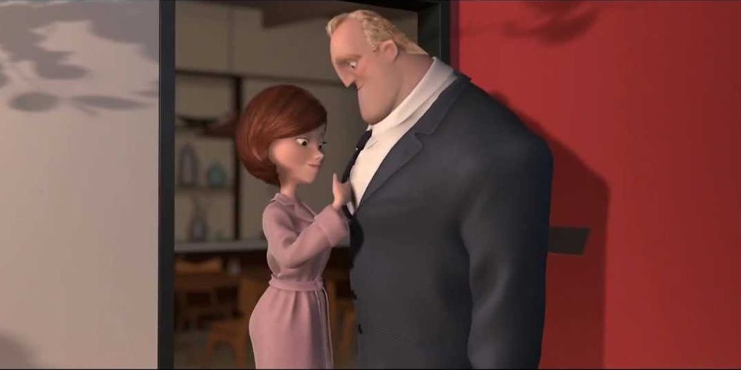 Helen fixes her husbands tie in The Incredibles