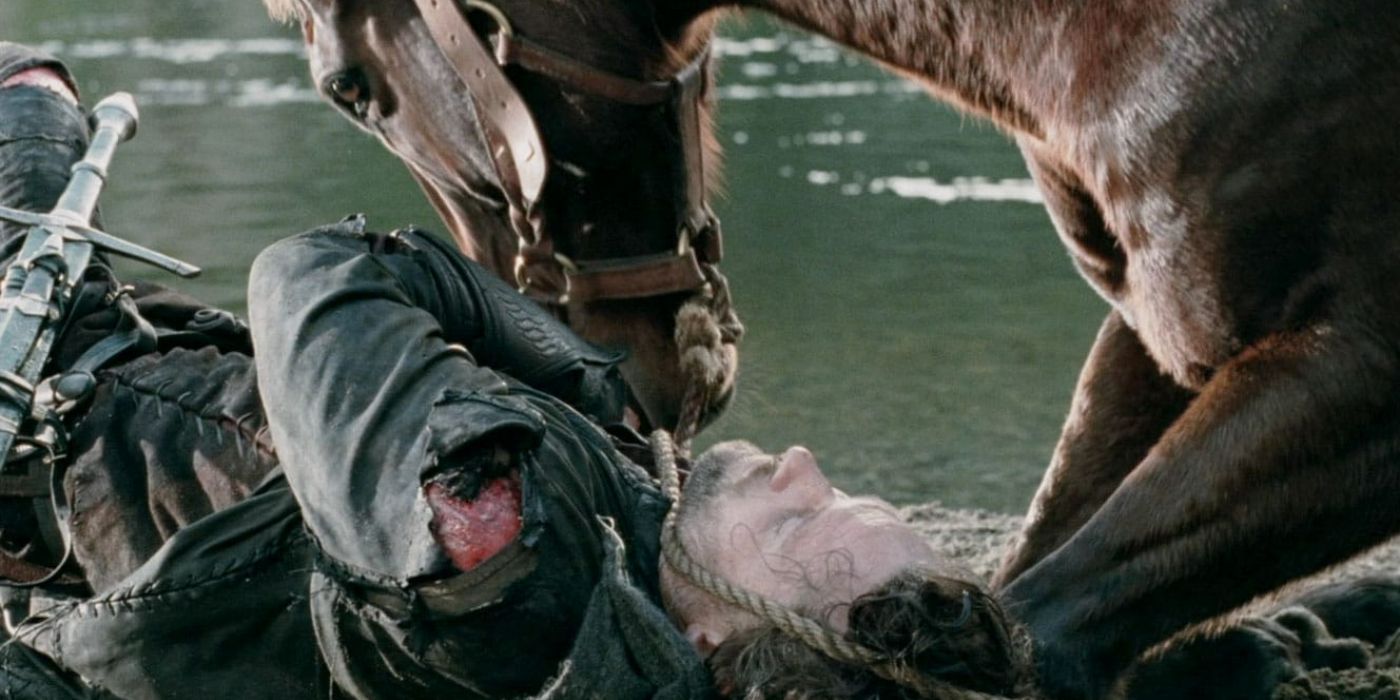 Aragorn is rescued by his horse Brego after falling off a cliff in The Lord of The Rings: Two Towers
