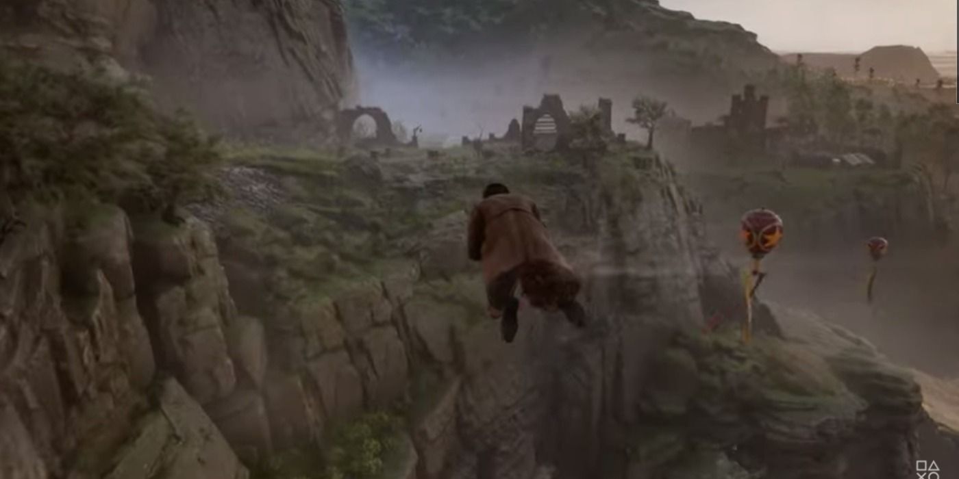 A character in Hogwarts Legacy flying a broom over the hills near Hogwarts