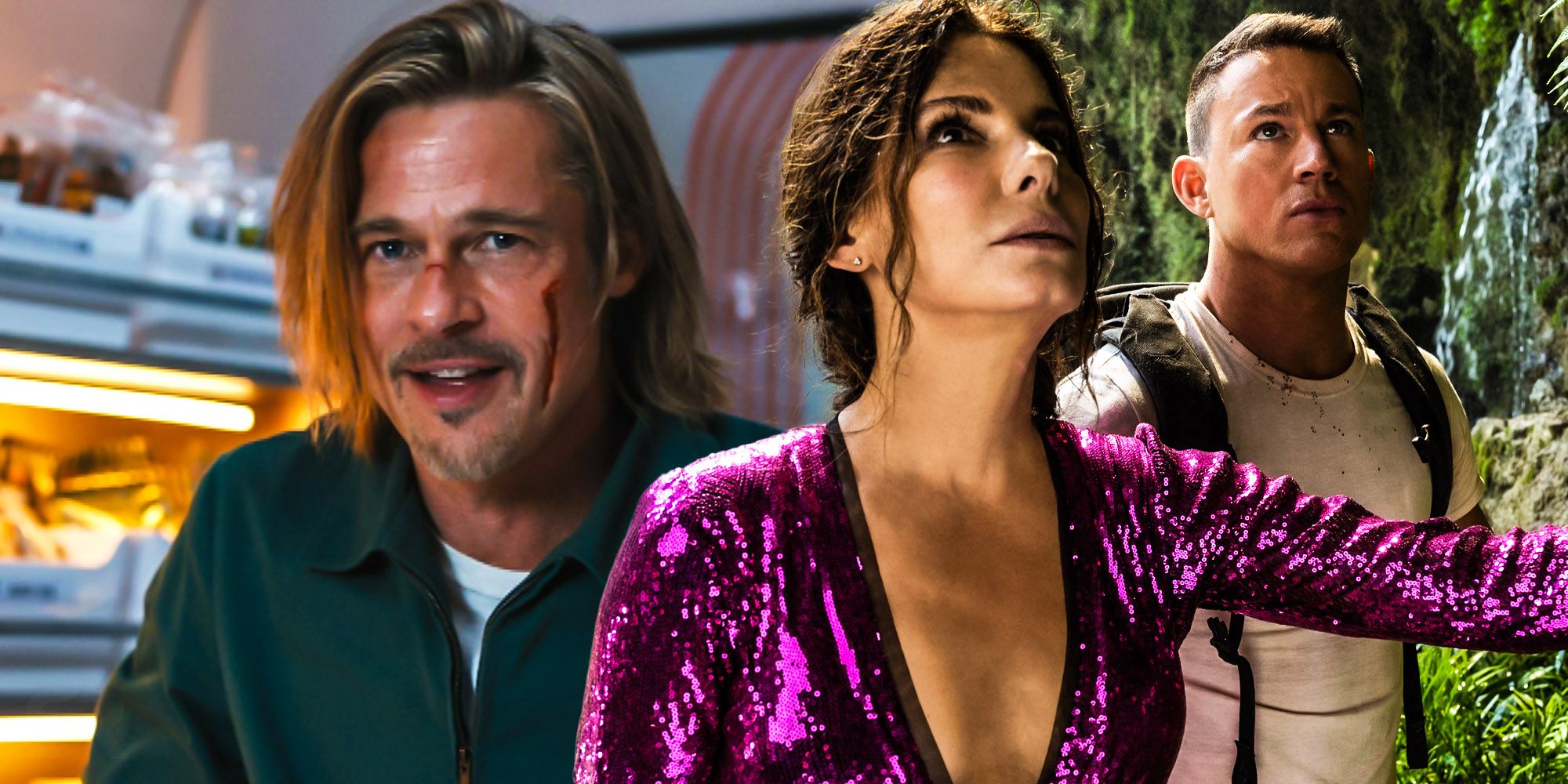 Custom image of Brad Pitt in Bullet Train and Sandra Bullock and Channing Tatum in The Lost City