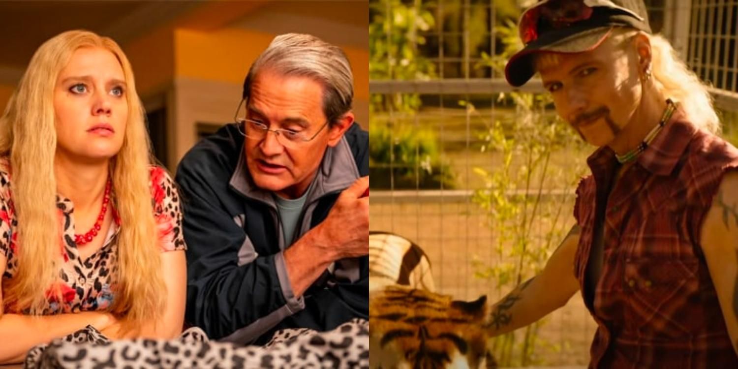 Carole and Howard leaning together and Joe with a tiger in Joe vs Carole