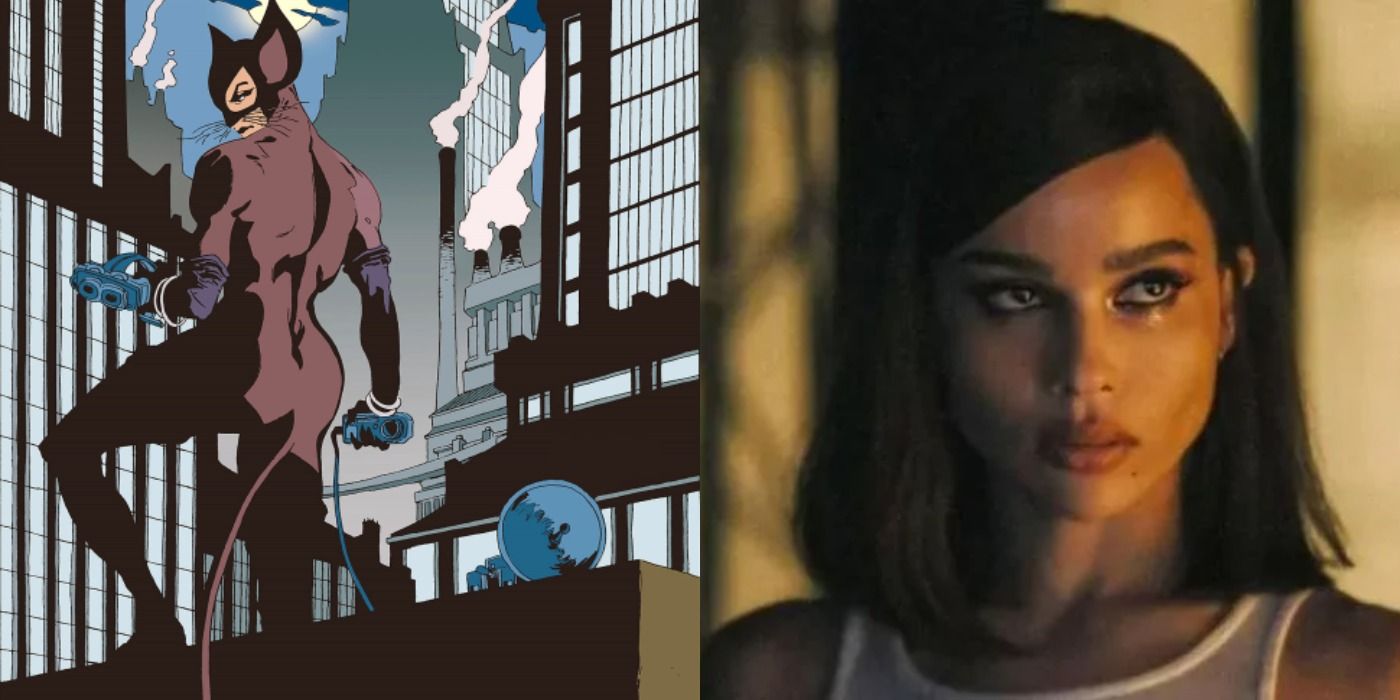 Split image of Catwoman in costume for The Long Hallowee, and Zoë Kravitz as Selina Kyle in The Batman