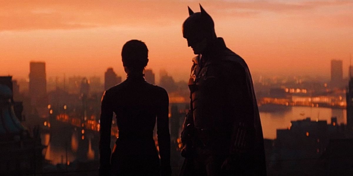Catwoman and Batman overlooking Gotham City in The Batman