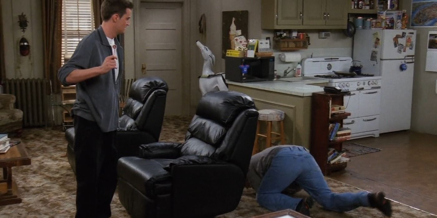 Joey falls down in the living room when he sees Chandler turn towards him with a dart in Friends