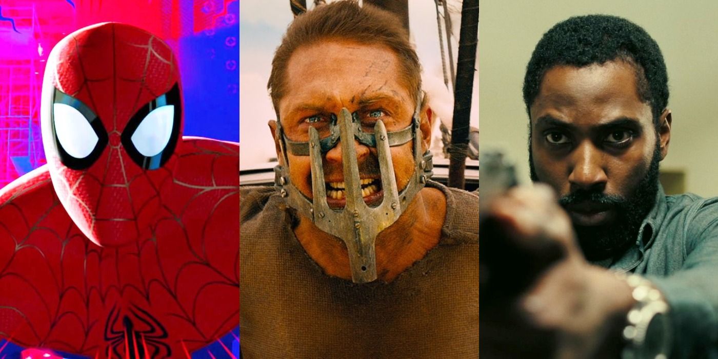 Three images showing characters from Spider-Man Into The Spider-Verse, Mad Max Fury Road, and Tenet.