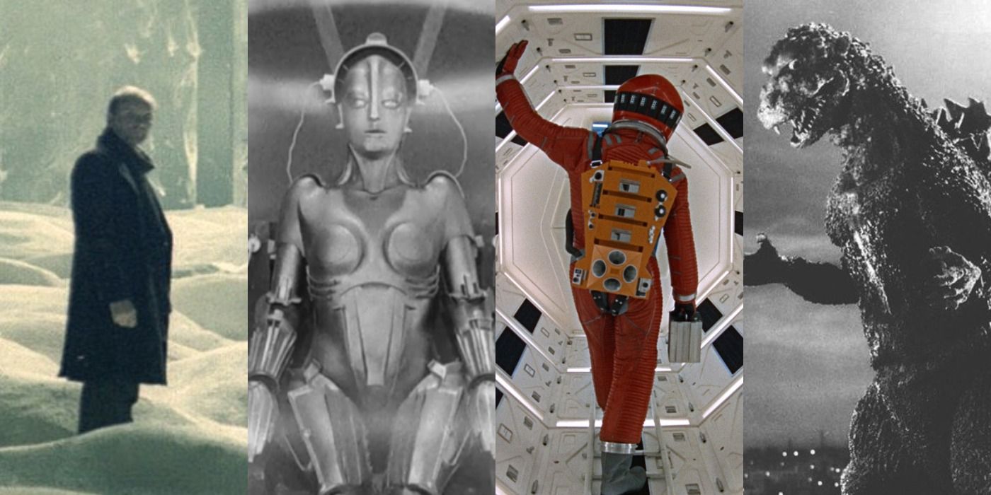Four images showing characters from Stalker, Metropolis, 2001 A Space Odyssey, and Godzilla.