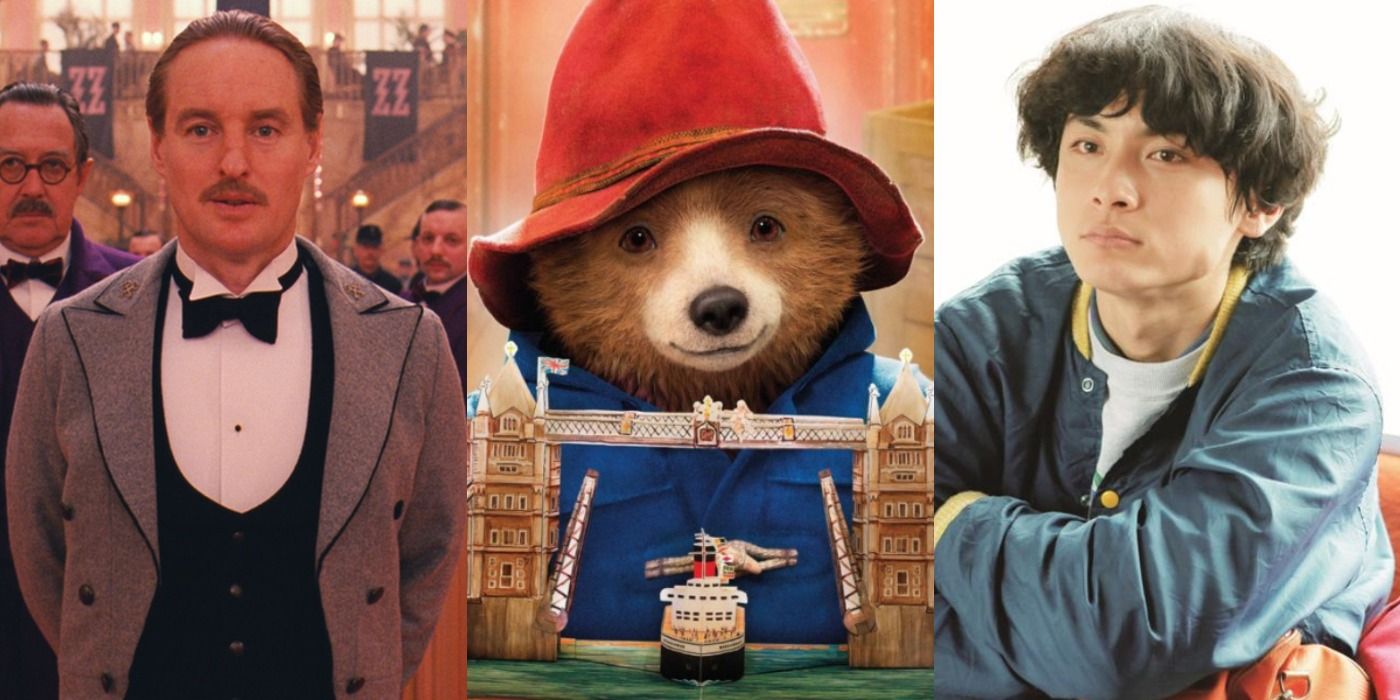 Three images showing characters from The Grand Budapest Hotel, Paddington 2, and A Story of Yonosuke.
