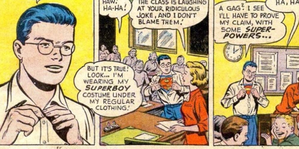Clark Kent reveals to his classmates that he is Superboy in Adventure Comics #235