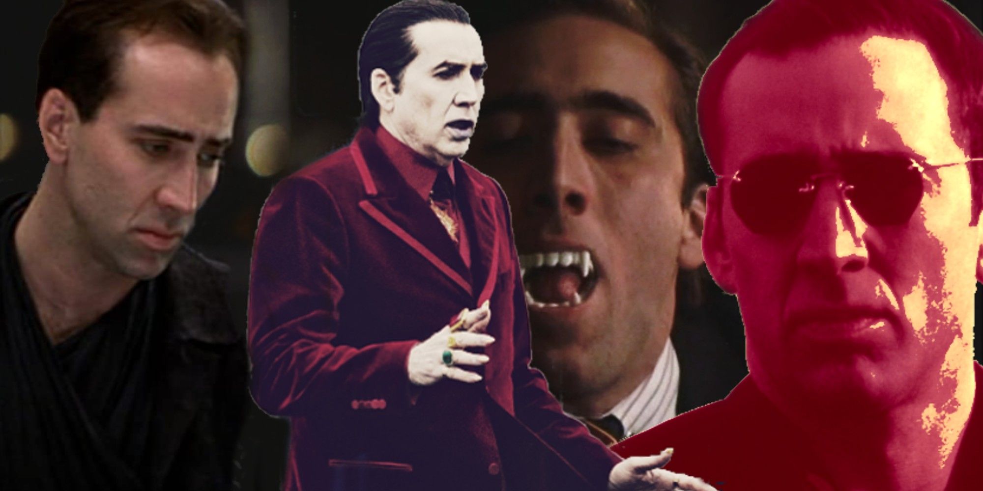 Collage of Nicolas Cage as Seth in City of Angels, Dracula in Renfield, Peter in Vampires Kiss, and Castor Troy in Face Off