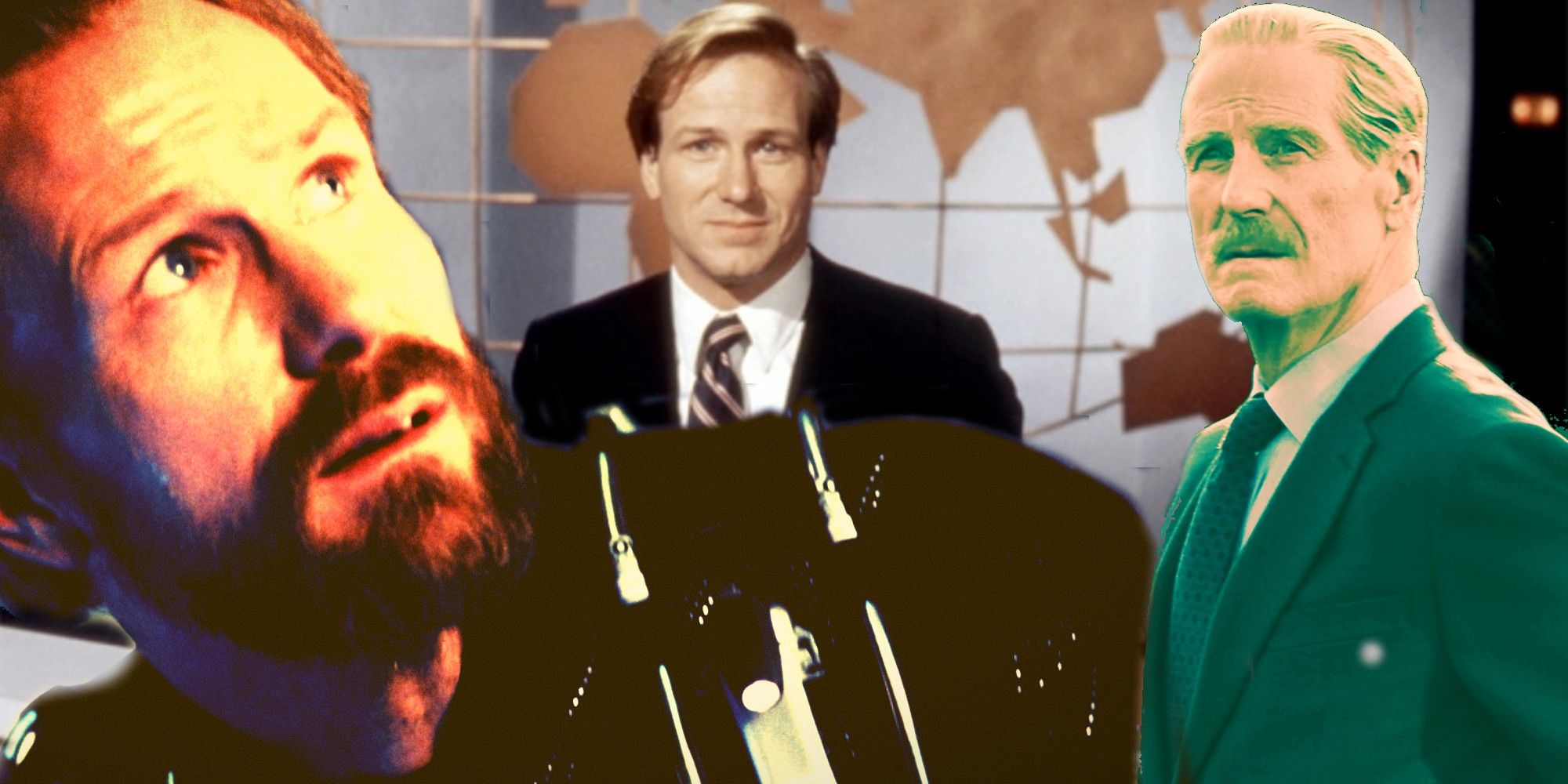 Collage of William Hurt in Lost in Space, Broadcast News, and Captain America: Civil War