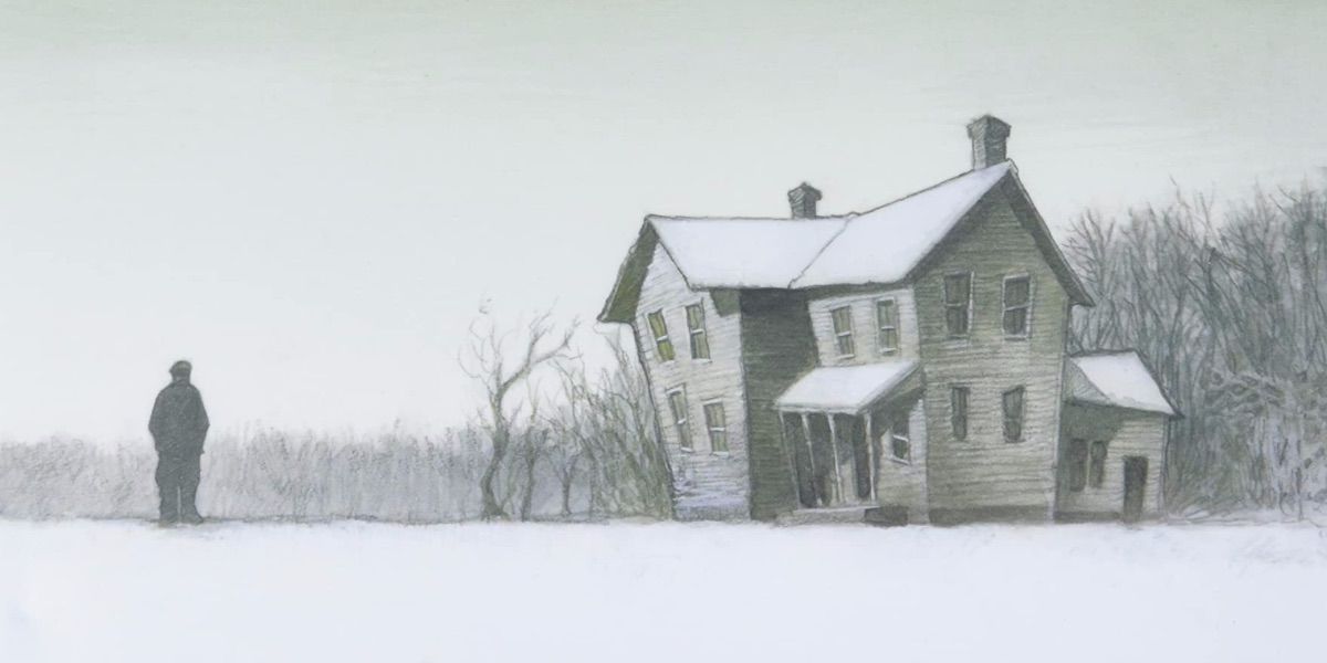 A lone figure stands in front of a large farmhouse from Did You Hear What Eddie Gein Done?