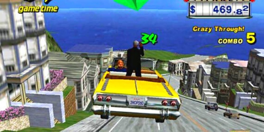 A player speeds down a steep street in Crazy Taxi