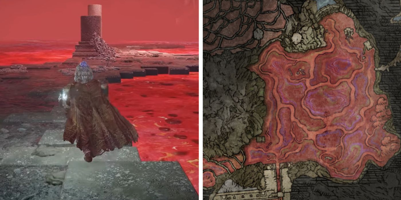 A splitscreen image showing an Elden Ring player attempting to go across the Lake of Rot next to an in-game map of the lake itself