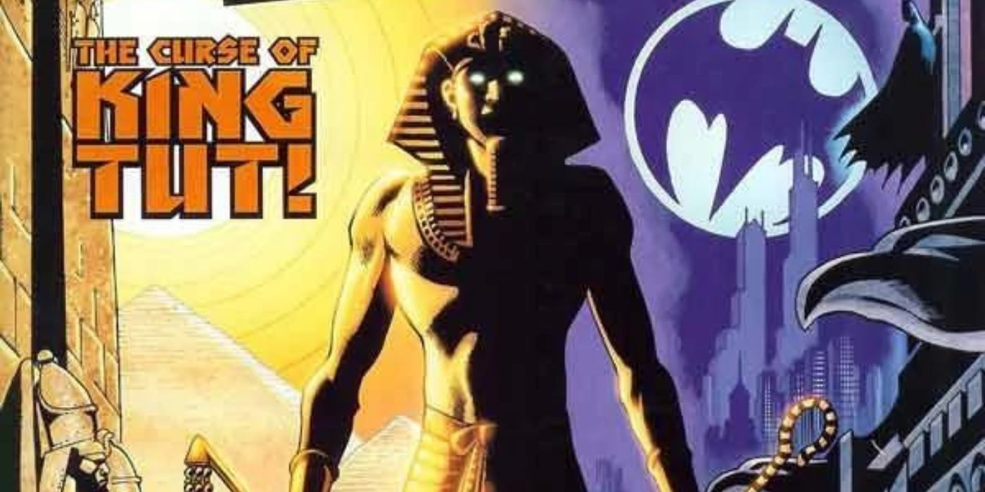 A pharaoh statue with the Batsignal behind
