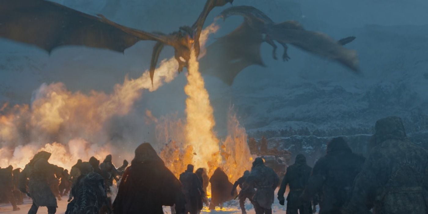 Os dois dragões de Daenerys Targaryen queimam centenas de Wights além da Muralha em Game Of Thrones
