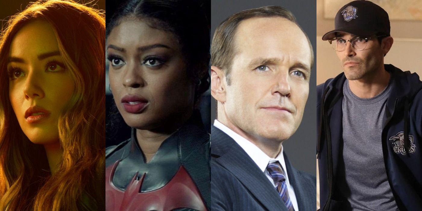 A split image features Daisy Johnson in Agents Of SHIELD, Ryan Wilder in Batwoman, Phil Coulson in Agents of SHIELD, and Clark Kent in Superman & Lois