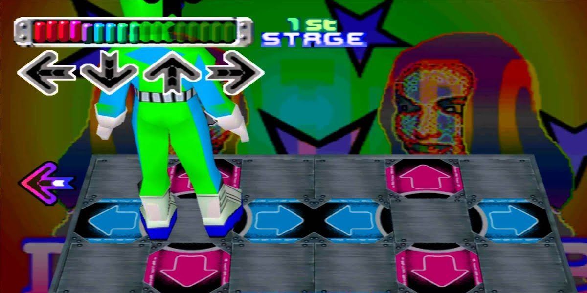 A character stands on a dance pad in Dance Dance Revolution 