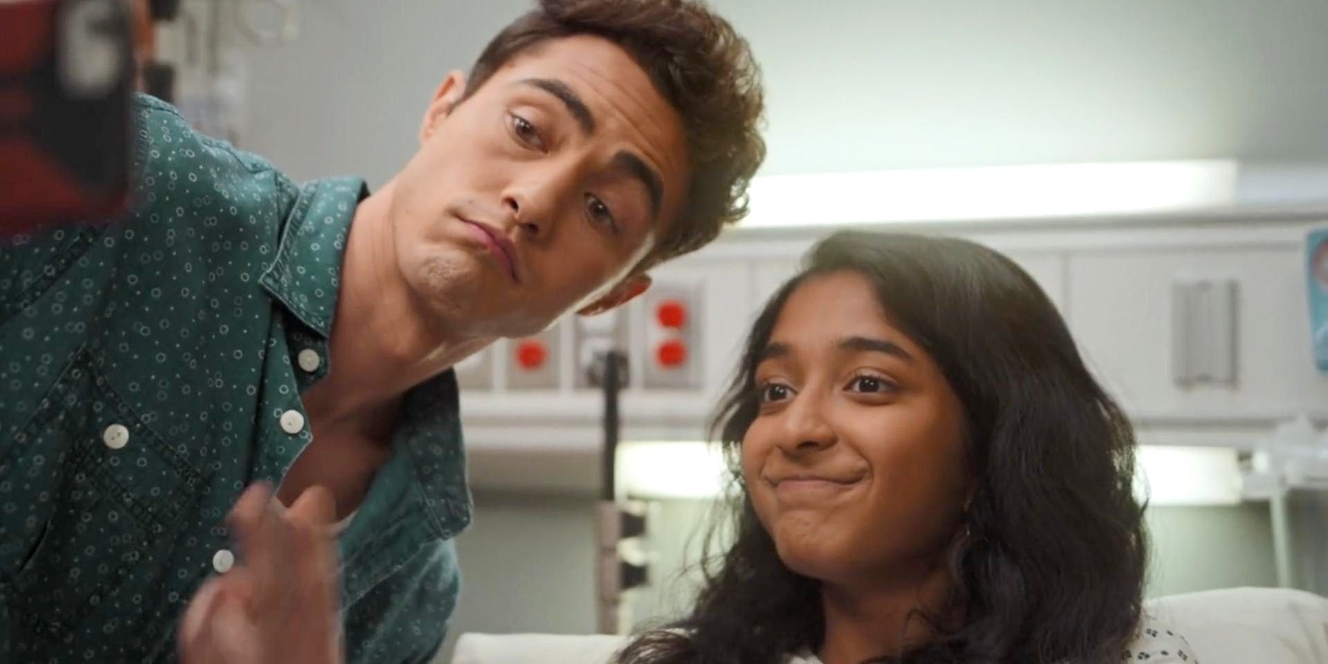 Darren Barnett and Maitreyi Ramakrishnan making funny faces in Never Have I Ever