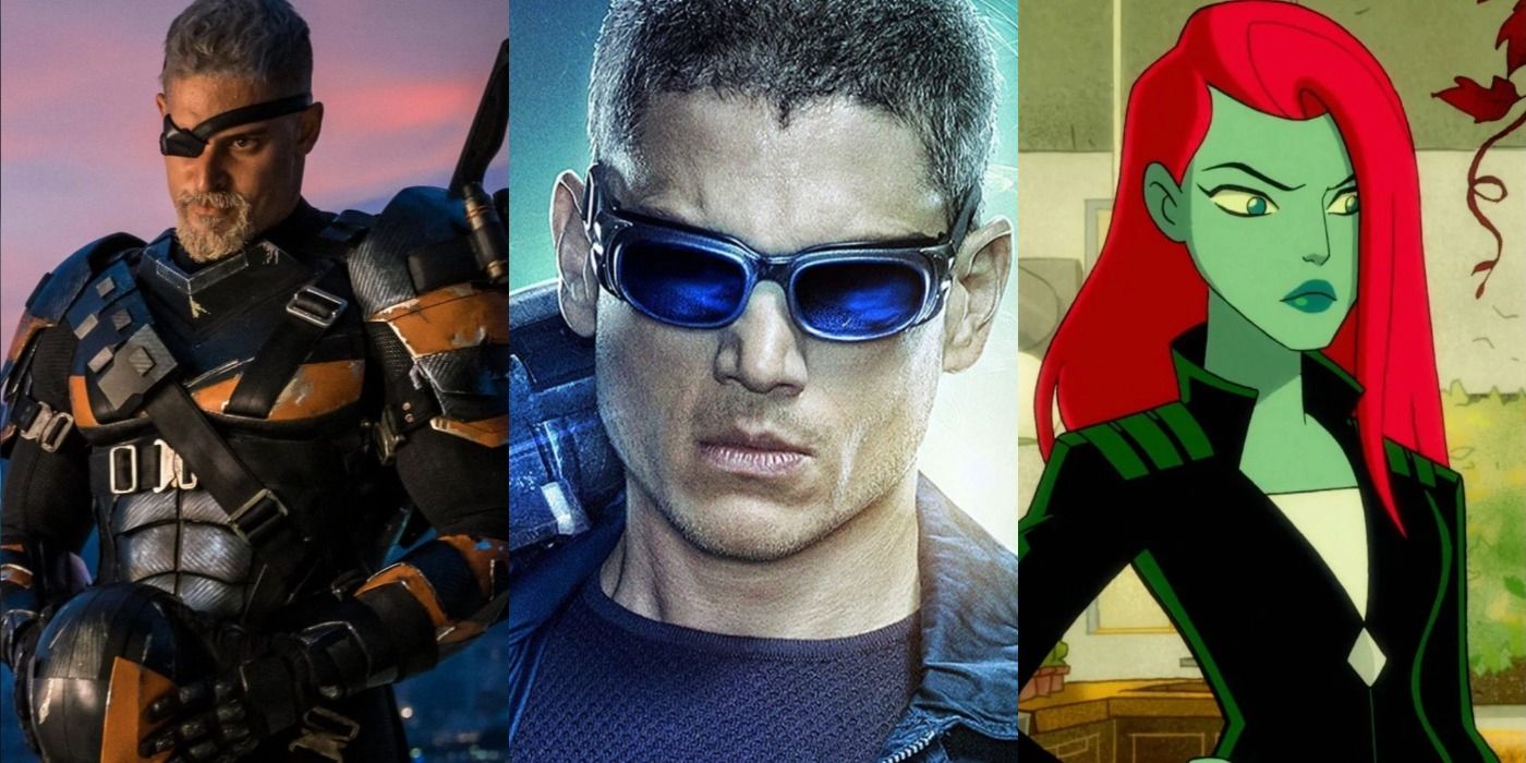 A split image depicts Deathstroke in Justice League, Captain Cold in Legends of Tomorrow, and Poison Ivy in the Harley Quinn animated series