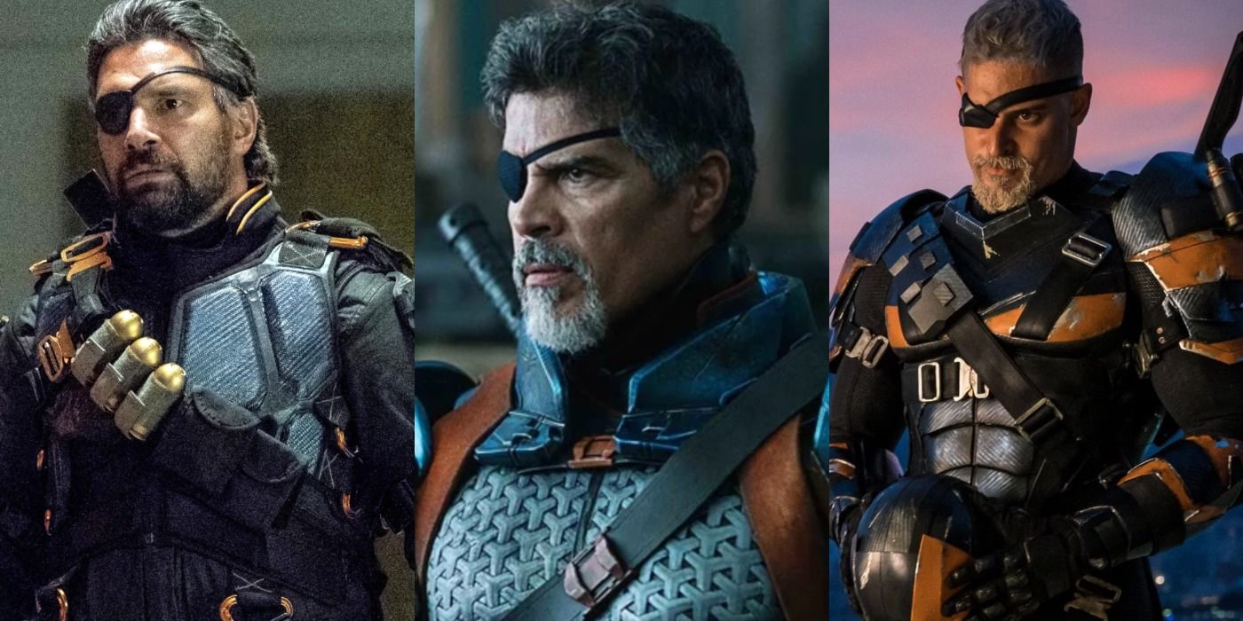 A split image depicts the live action Deathstroke in Arrow, Titans, and Justice League