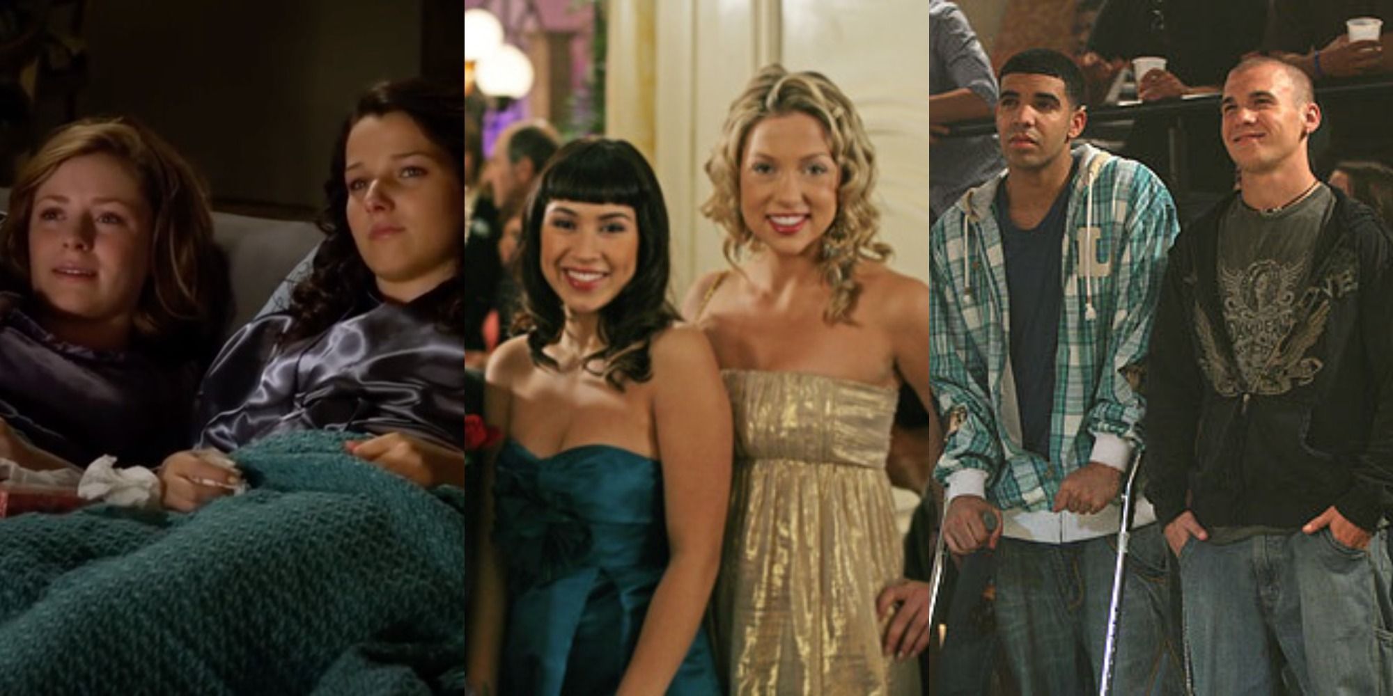 Split image of Fiona and Holly J, Manny and Emma, and Spinner and Jimmy in Degrassi