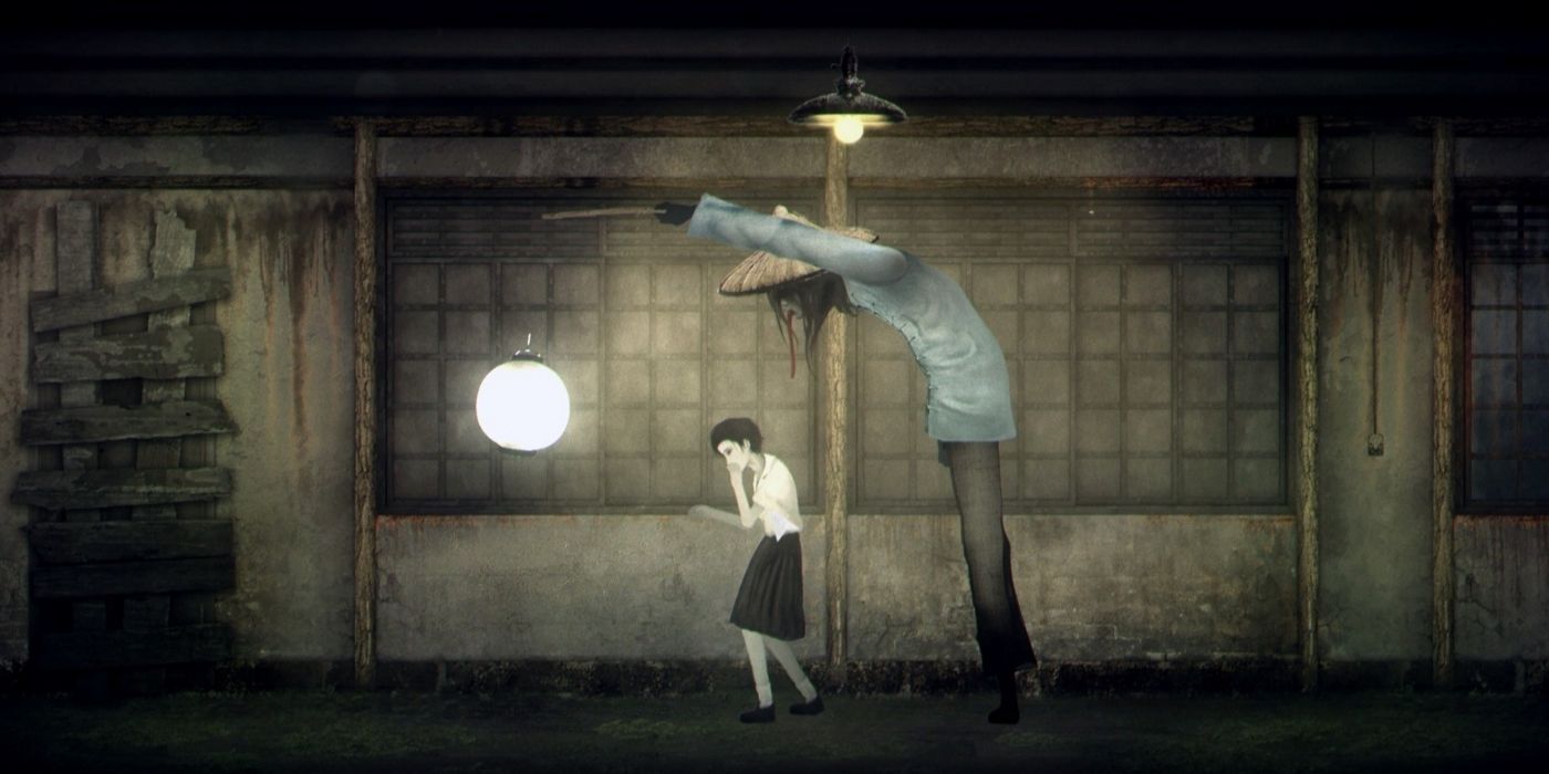 A large figure stalking a school girl in the game Detention